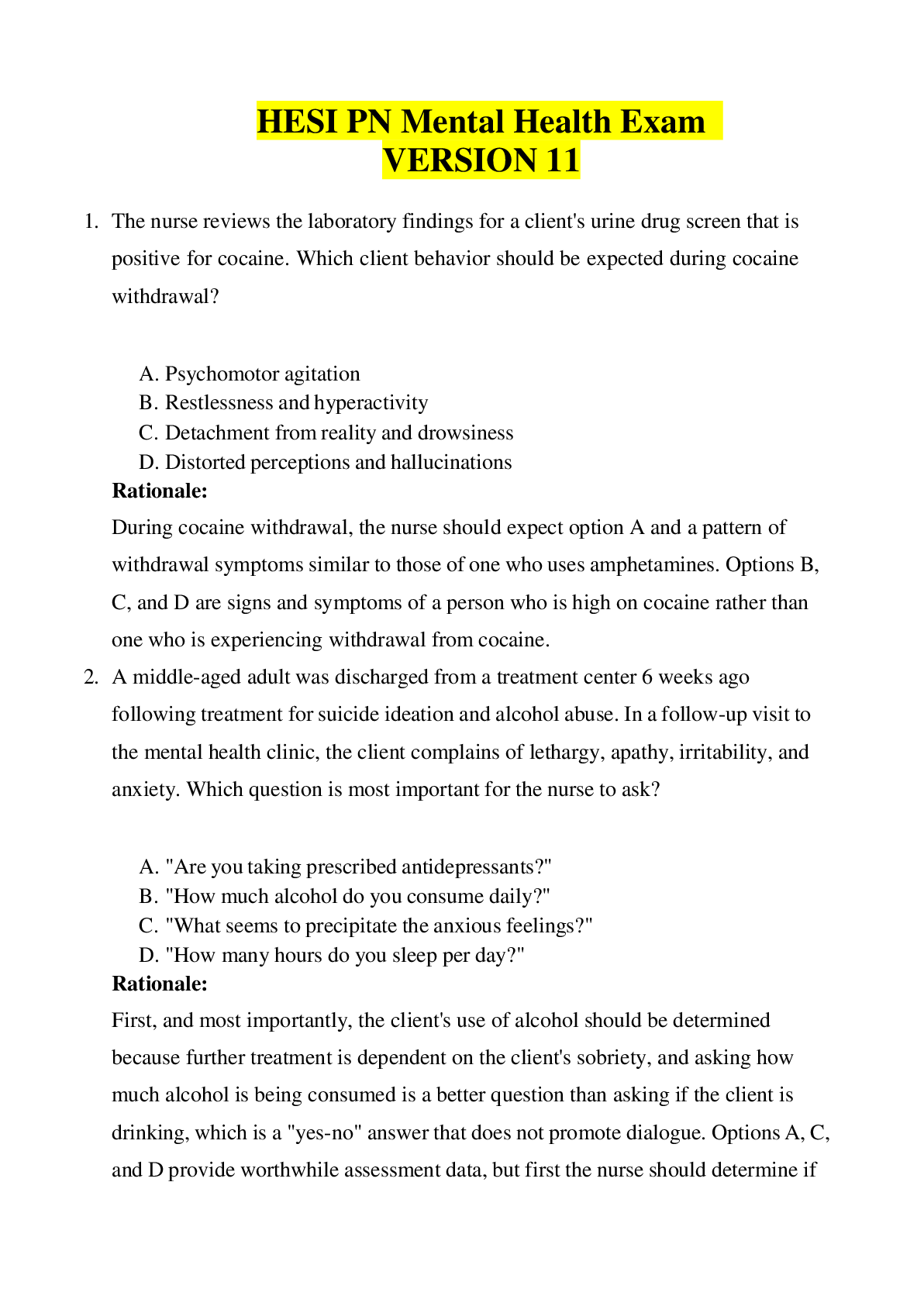 HESI PN Mental Health Exam Version 11 Questions & Answers with